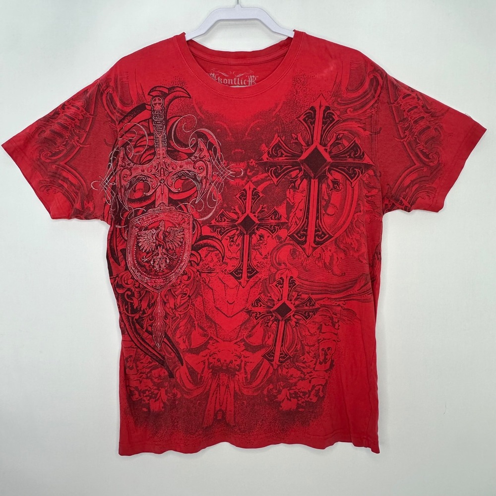 VTG Konflic Red Gothic Cross Sword Skull Y2K Biker XL‎ Graphic T-Shirt Heraldic
